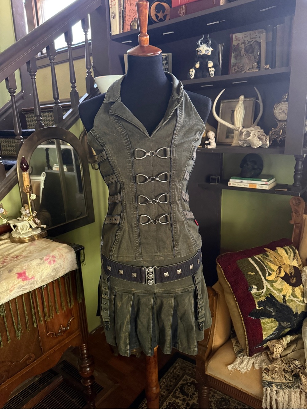 Vtg Y2K  Tripp NYC Green military mini skirt and halter set  Dress with Belt